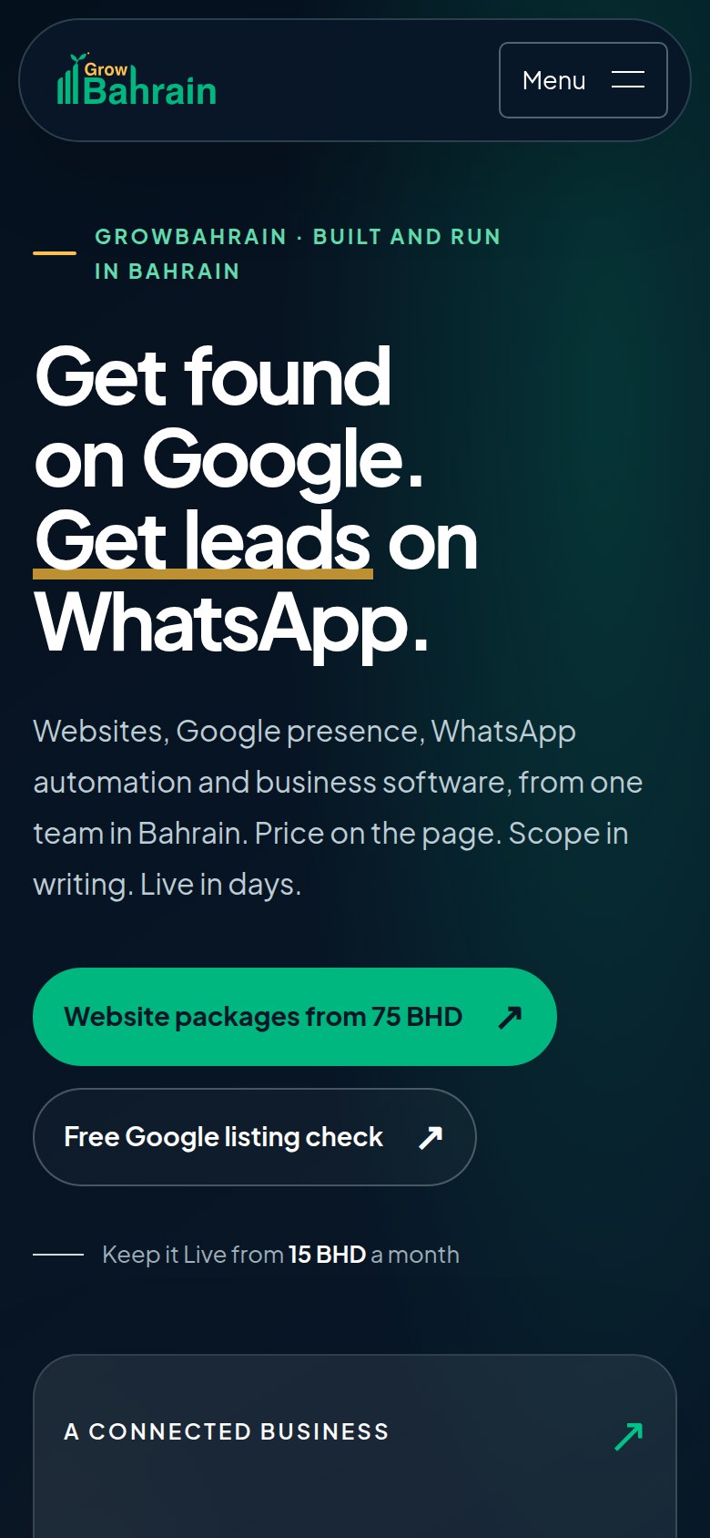 GrowBahrain homepage on mobile